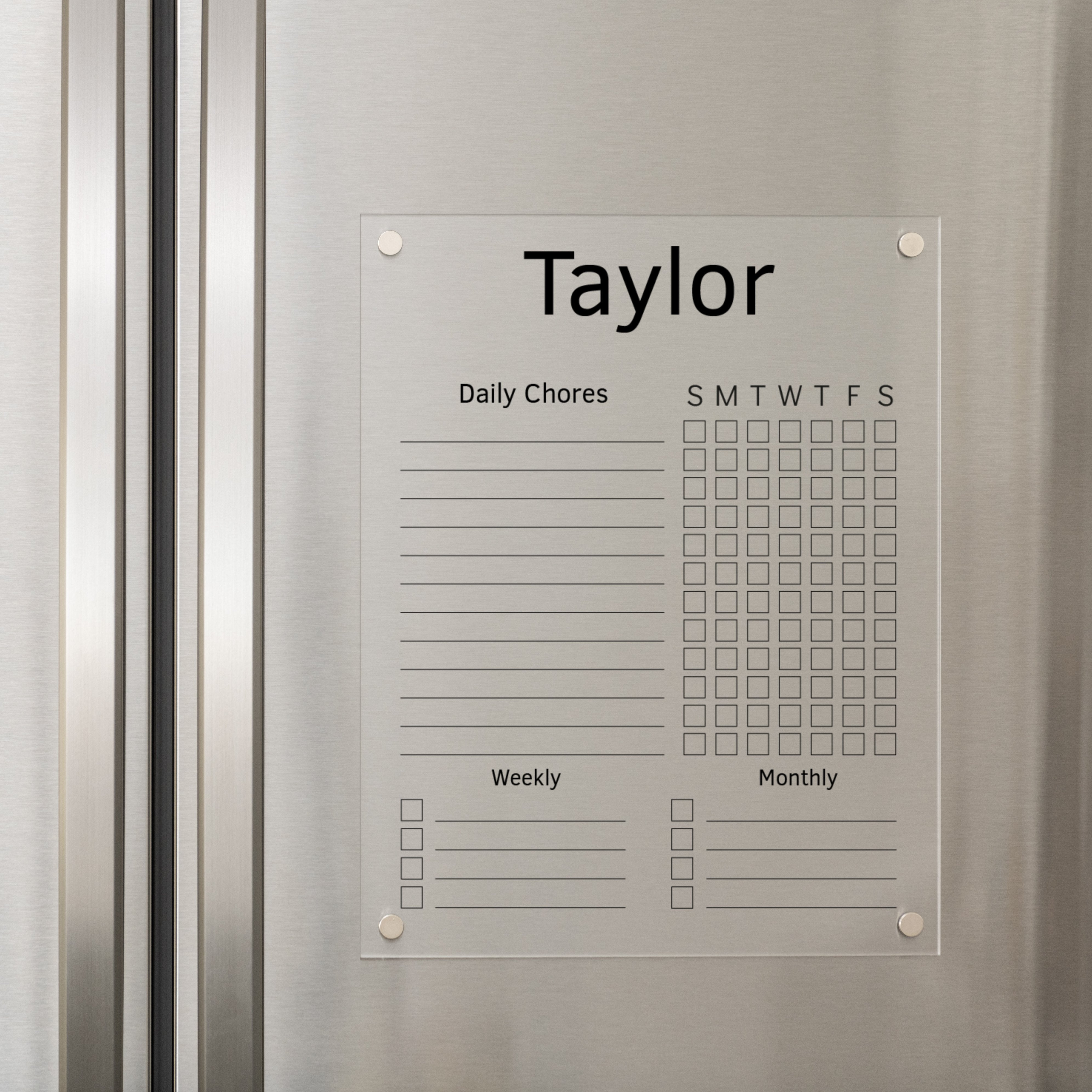 acrylic chore chart for child on magnetic fridge